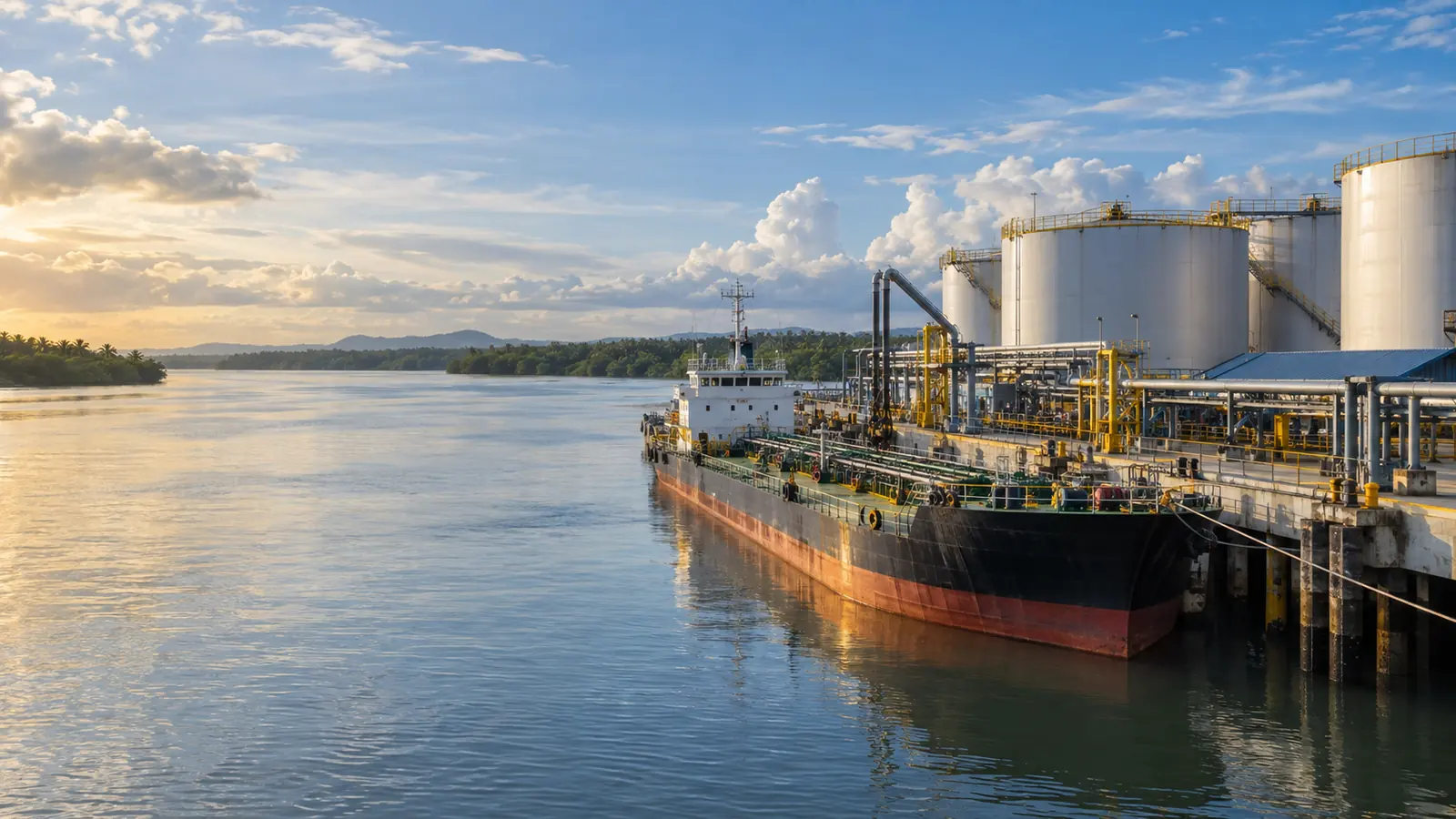 Ilustrasi kapal tanker bersandar di dermaga terminal penyimpanan